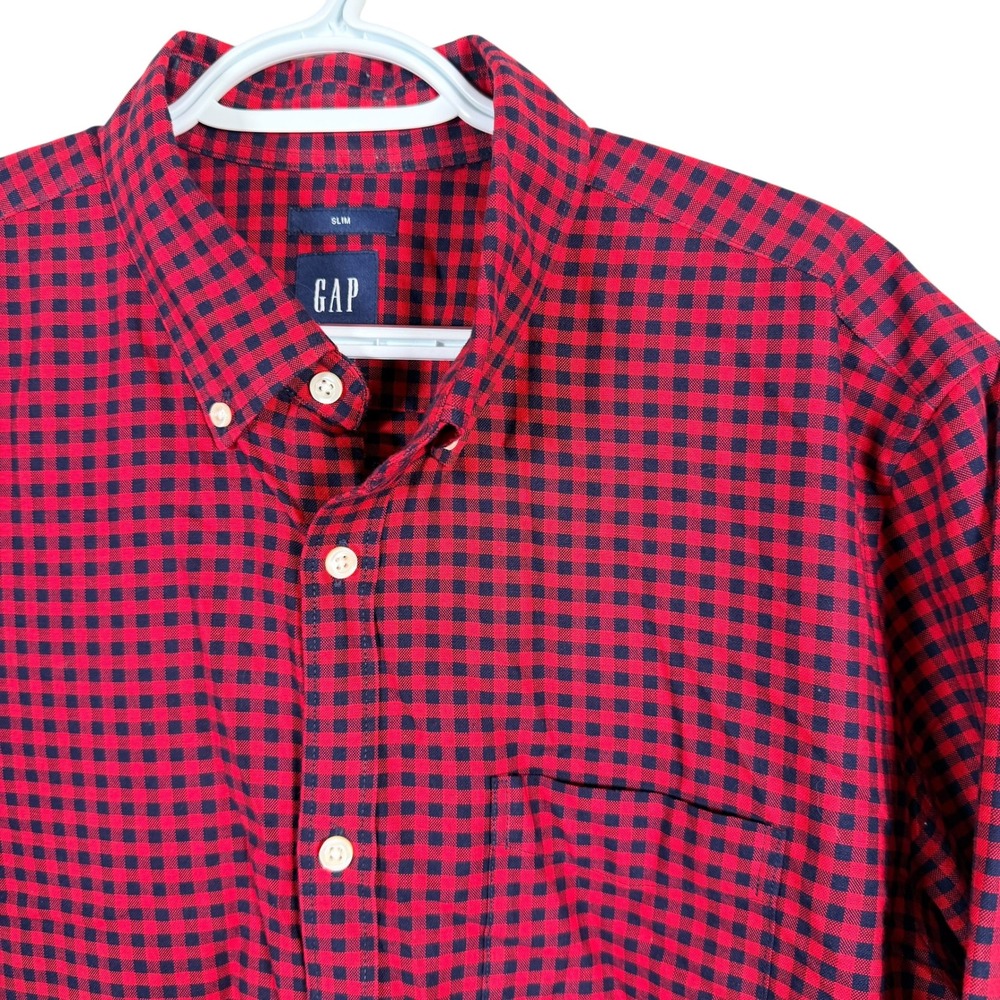Gap Button Down Shirt Mens L Red‎ Navy Blue Gingham Slim Fit Cotton Long Sleeve